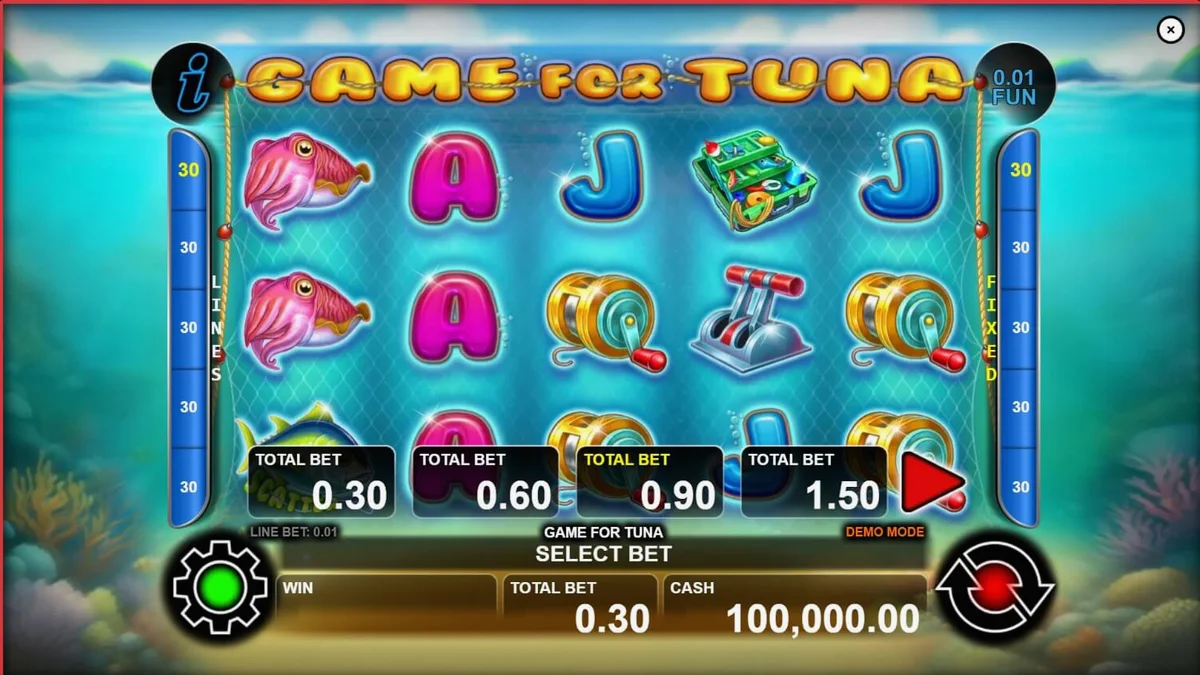 Pemandangan bawah laut yang indah dengan simbol bertema memancing di slot Game For Tuna