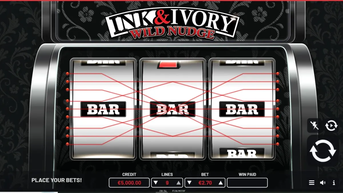 Tampilan antarmuka slot mobile Ink & Ivory dengan desain minimalis hitam putih
